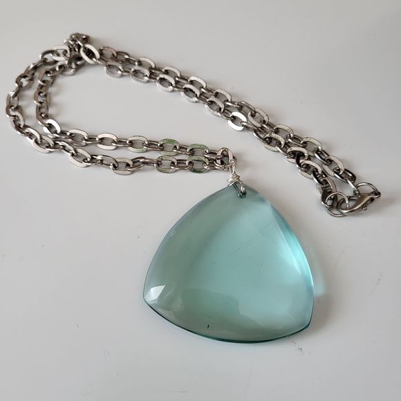 Clear Blueish Glass Pendant on Silver Tone Large Link Chain - Picture 8 of 16